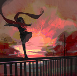 Rule 34 | 1girl, artist name, backlighting, black hair, black serafuku, cloud, enpera, expressionless, falling, fence, floating scarf, hair ornament, hairclip, highres, kagerou project, loafers, lofter username, outdoors, outstretched arms, pleated skirt, pota (harmony), power lines, red scarf, scarf, school uniform, serafuku, shoes, skirt, sky, solo, suicide, tateyama ayano, thighhighs, utility pole