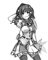 Rule 34 | 1girl, black hair, black thighhighs, blush, breasts, female focus, frilled skirt, frills, greyscale, hand fan, hat, large breasts, leaf, looking at viewer, maple leaf, monochrome, pan-ooh, pointy ears, pom pom (clothes), puffy short sleeves, puffy sleeves, shameimaru aya, short hair, short sleeves, simple background, sketch, skirt, smile, solo, thighhighs, tokin hat, touhou, white background