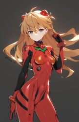 Rule 34 | 1girl, ahoge, arm at side, blue eyes, bodysuit, breasts, brown hair, commentary request, eyebrows hidden by hair, floating hair, grey background, hair ornament, hairpods, hand up, highres, interface headset, long hair, long legs, looking at viewer, medium breasts, neon genesis evangelion, pilot suit, plugsuit, red bodysuit, shiny clothes, siino, simple background, skin tight, solo, souryuu asuka langley, standing, twitter username, very long hair