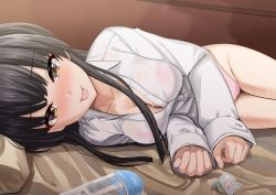 Rule 34 | 1girl, beiske (de skb3), black hair, blunt bangs, blush, bra, breasts, collared shirt, commentary, condom, condom wrapper, dress shirt, foreshortening, head on pillow, idolmaster, idolmaster shiny colors, long hair, long sleeves, looking at viewer, lying, mayuzumi fuyuko, medium breasts, no pants, nose blush, on side, panties, pillow, pink bra, pink panties, see-through, shirt, sleeves past wrists, sweat, thighs, tongue, tongue out, underwear, white shirt, wing collar