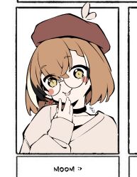 Rule 34 | 1girl, alternate costume, baggy clothes, beret, berry, black choker, blush, braid, braided bangs, brown eyes, brown hair, brown sweater, choker, earrings, feathers, food-themed earrings, glasses, hand up, hat, highres, hololive, hololive english, jewelry, looking at viewer, mpmrpjb, multicolored hair, nanashi mumei, official alternate hairstyle, round eyewear, sketch, streaked hair, sweater, tongue, tongue out, virtual youtuber