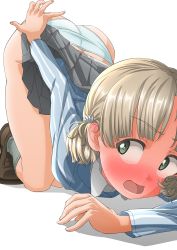 Rule 34 | 1girl, absurdres, aki (girls und panzer), ass, blue footwear, blue panties, blue shirt, blush, commentary request, covering ass, covering privates, embarrassed, frown, full-face blush, girls und panzer, green eyes, grey skirt, grey socks, helmet (trailblazer003), highres, keizoku military uniform, keizoku school uniform, kneeling, leaning forward, light brown hair, loafers, long sleeves, looking back, low twintails, miniskirt, open mouth, panties, pleated skirt, school uniform, shadow, shirt, shoes, short hair, short twintails, simple background, skirt, skirt tug, socks, solo, striped clothes, striped shirt, top-down bottom-up, twintails, underwear, vertical-striped clothes, vertical-striped shirt, white background