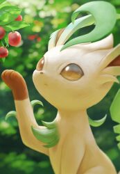 Rule 34 | absurdres, berry, blurry, blurry background, brown eyes, closed mouth, commentary request, creatures (company), day, from side, game freak, gen 4 pokemon, highres, leaf, leafeon, leg up, looking up, nintendo, no humans, outdoors, pokemon, pokemon (creature), rend, solo
