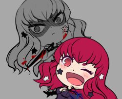Rule 34 | 1girl, black bodysuit, blood, blood on face, bloody weapon, bodysuit, chibi, dagger, dual persona, facial mark, fire emblem, fire emblem engage, hair ornament, holding, holding dagger, holding knife, holding weapon, kaijuicery, knife, nintendo, open mouth, red eyes, red hair, shaded face, smile, solo, star (symbol), star facial mark, star hair ornament, v-shaped eyebrows, wavy hair, weapon, yunaka (fire emblem)
