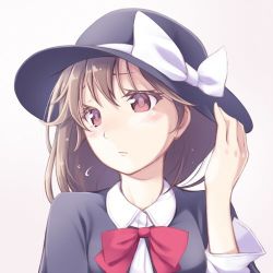 Rule 34 | 1girl, bad id, bad twitter id, blouse, bow, brown eyes, brown hair, capelet, embarrassed, hat, hat bow, looking to the side, lowres, midorino eni, ribbon, shirt, short hair, solo, touhou, upper body, usami renko, white shirt