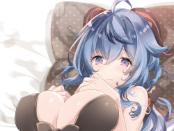 Rule 34 | 1girl, ahoge, bare shoulders, bikini, blue hair, blush, breasts, commentary request, covered erect nipples, expressionless, ganyu (genshin impact), genshin impact, horns, kurun (kurun777), large breasts, long hair, looking at viewer, lying, on back, pillow, purple eyes, solo, swimsuit