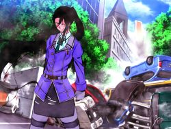 Rule 34 | 10s, 1girl, belt, black hair, brown eyes, car, car crash, city, cloud, commentary request, day, highres, kantai collection, long sleeves, motor vehicle, nachi (kancolle), pantyhose, ponytail, remodel (kantai collection), skirt, tree