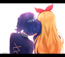 Rule 34 | 2girls, aikatsu!, aikatsu! (series), aikatsu on parade!, anz32, bad id, bad pixiv id, blazer, blonde hair, blue hair, blue jacket, blue scrunchie, commentary request, from behind, hair ornament, hair ribbon, hair scrunchie, hairband, hoshimiya ichigo, jacket, kiriya aoi, leaning on person, leaning to the side, letterboxed, long hair, multiple girls, ponytail, red hairband, red ribbon, ribbon, school uniform, scrunchie, starlight academy school uniform, twitter username, very long hair, white background