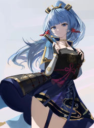 Rule 34 | 1girl, armor, armored dress, ayaka (genshin impact), black gloves, blue eyes, blue hair, blunt bangs, breasts, commentary, cowboy shot, genshin impact, gloves, hair ornament, hand fan, highres, holding, holding fan, japanese armor, light blue hair, light smile, long hair, looking at viewer, medium breasts, raiya atelier, sidelocks, simple background, solo, tagme, white background