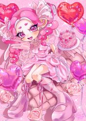 Rule 34 | 1girl, absurdres, cake, commentary request, dress, drill hair, earrings, eyelashes, fangs, flower, food, glint, gloves, heart, heart-shaped pupils, highres, jewelry, long hair, nintendo, octoling, octoling girl, octoling player character, open mouth, payayo884, pink background, pink dress, pink eyes, pink flower, pink footwear, pink gloves, pink hair, pink theme, solo, splatoon (series), symbol-shaped pupils, tentacle hair