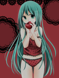 Rule 34 | 1girl, apple, camisole, food, fruit, green eyes, green hair, hair down, hatsune miku, highres, lace, lace-trimmed panties, lace trim, long hair, looking at viewer, matching hair/eyes, panties, red background, romeo to cinderella (vocaloid), solo, strap slip, suzunatsuki runa, underwear, very long hair, vocaloid