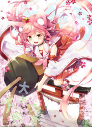 Rule 34 | 1girl, animal ears, bad id, bad pixiv id, bare shoulders, cherry blossoms, dress, floral print, flying, fox ears, fox girl, fox tail, hair ornament, highres, japanese clothes, long hair, looking at viewer, lottery, miko, neckerchief, nontraditional miko, omikuji, open mouth, original, pink hair, red dress, sakura mochi (sakuragi ren), sakuragi ren, sakuramochi (sakuragi), sakuramochi (sakuragi ren), sandals, smile, socks, solo, tabi, tail, torii, tree, very long hair, wide sleeves, yellow eyes