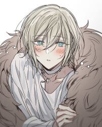 Rule 34 | 1boy, bandaged neck, bandages, blonde hair, blue eyes, blush, cape, eichi turnr, ensemble stars!, fur-trimmed cape, fur trim, hickey, highres, jewelry, long sleeves, looking at viewer, male focus, necklace, shirt, short hair, solo, teeth, tenshouin eichi, white background, white shirt