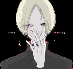 Rule 34 | 1boy, awara kayu, black background, blonde hair, blood, blood on face, commentary request, copyright name, expressionless, hand on own face, hand up, large hands, limited palette, long sleeves, looking at viewer, male focus, nakarai keijin, parted bangs, portrait, short hair, simple background, smile, solo, spot color, tokyo ghoul, tokyo ghoul:re, upper body