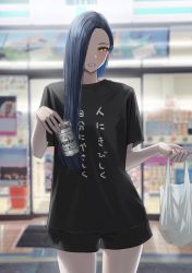 Rule 34 | 1girl, asymmetrical hair, backlighting, bag, beer can, black shorts, blue hair, blush, can, clenched teeth, clothes writing, cow, drink can, forehead, grocery bag, hair over one eye, hara kenshi, highres, holding, holding bag, holding can, long hair, looking at viewer, original, outdoors, parted lips, shopping bag, short shorts, short sleeves, shorts, solo, supermarket, teeth, translation request, yellow eyes
