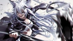 Rule 34 | 1girl, animal ear fluff, animal ears, arknights, black coat, black shorts, blurry, blurry background, blurry foreground, breasts, cleavage, coat, collarbone, cowboy shot, depth of field, dual wielding, eyebrows hidden by hair, grey eyes, highres, holding, holding sword, holding weapon, lappland (arknights), large breasts, lens flare, long hair, long sleeves, looking at viewer, masin0201, monster, navel, open clothes, open coat, open mouth, scar, scar across eye, scar on face, sharp teeth, short shorts, shorts, signature, silver hair, solo, strapless, sword, teeth, tube top, v-shaped eyebrows, very long hair, weapon, wolf ears
