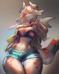 Rule 34 | 1girl, absurdres, blonde hair, blue shorts, bra, breasts, choker, cleavage, dragon girl, dragon horns, dragon tail, dragon wings, furry, furry female, green eyes, heart, heart hands, highres, horns, large breasts, looking at viewer, monster girl, multicolored hair, navel, original, pink bra, pink choker, pink hair, pointy ears, scales, shorts, simple background, solo, tail, two-tone hair, underwear, utta, wide hips, wings