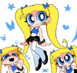 Rule 34 | 1girl, :3, alternate universe, bare arms, bare shoulders, black bracelet, black skirt, blonde hair, blue bow, blue eyes, blue tank top, bow, brat (ppg), commentary, crop top, dark persona, english commentary, eyelashes, flat chest, hair bow, highres, kim crab, laughing, long hair, looking at viewer, miniskirt, multiple bracelets, multiple hair bows, multiple views, parted bangs, powerpuff girls, shirt, short bangs, skirt, sleeveless, sleeveless shirt, tank top, thighhighs, tongue, tongue out, twintails, very big eyes, very long hair, white background, white thighhighs, white undershirt, zettai ryouiki