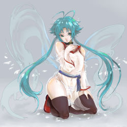 Rule 34 | 1girl, ahoge, antenna hair, aqua hair, black thighhighs, blush, bow, bow panties, chinchira, choker, collar, dress, duel monster, effect veiler, fairy wings, female focus, full body, gradient background, green eyes, green hair, kneeling, long hair, long sleeves, looking at viewer, low twintails, matching hair/eyes, panties, parted lips, pelvic curtain, red footwear, sash, see-through, shoes, side-tie panties, solo, thighhighs, transparent, twintails, underwear, very long hair, white dress, white panties, wings, yu-gi-oh!, yu-gi-oh! duel monsters