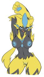Rule 34 | 1girl, animal ears, animal hands, blue nipples, body fur, breasts, claws, colored nipples, colorized, creatures (company), furry, game freak, gen 7 pokemon, highres, legendary pokemon, licking lips, monochrome, mythical pokemon, nintendo, nipples, pokemon, pussy, sketch, skykain, third-party edit, tongue, tongue out, whiskers, zeraora