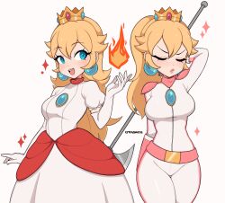 Rule 34 | 2girls, alternate costume, alternate hairstyle, arm behind back, arm behind head, axe, biker clothes, biker peach, bikesuit, blonde hair, blue eyes, bodysuit, breasts, closed eyes, cremanata, crown, dress, earrings, fire, fire flower (transformation), fire peach, halberd, hand up, highres, holding, holding axe, jewelry, looking at viewer, looking to the side, mario (series), medium breasts, multiple girls, nintendo, official alternate costume, official alternate hairstyle, open mouth, pearl earrings, polearm, ponytail, princess peach, simple background, smile, sparkle, sphere earrings, the super mario bros. movie, thighs, weapon, white background, white dress, wide hips