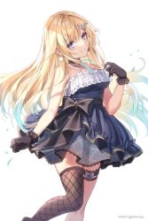 Rule 34 | 1girl, aizawa ema, aqua hair, artist name, bare shoulders, black choker, black gloves, blonde hair, blue eyes, bow, breasts, choker, curled fingers, earrings, feet out of frame, fishnet thighhighs, fishnets, flower, frilled skirt, frilled straps, frills, gloves, hair ornament, hairclip, halterneck, hand up, highres, jewelry, lace, lace-trimmed choker, lace-trimmed gloves, lace-trimmed legwear, lace-trimmed skirt, lace trim, long hair, looking at viewer, morigami (morigami no yashiro), multicolored hair, parted bangs, sidelocks, simple background, single thighhigh, skirt, solo, split mouth, standing, standing on one leg, streaked hair, thigh strap, thighhighs, two-tone hair, virtual youtuber, vspo!, white background