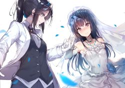 Rule 34 | 2girls, akieda, black hair, black vest, blazer, blue eyes, blue hair, blush, bridal veil, closed mouth, clothes lift, collarbone, collared shirt, dress, dress lift, elbow gloves, feathers, gloves, hibike! euphonium, holding hands, jacket, jewelry, kasaki nozomi, liz to aoi tori, long hair, long sleeves, looking at another, multiple girls, necklace, outstretched arm, ponytail, purple eyes, shirt, simple background, smile, standing, strapless, strapless dress, veil, vest, wedding dress, white background, white dress, white gloves, white jacket, white shirt, yoroizuka mizore