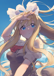 Rule 34 | 1girl, air (visual novel), beige blouse, black dress, blonde hair, blue eyes, blue sky, cloud, commentary request, dress, hair ribbon, highres, kamio misuzu, long hair, looking up, mixed-language commentary, ponytail, puffy short sleeves, puffy sleeves, ribbon, school uniform, shading eyes, short sleeves, sky, solo, very long hair, wantan meo, white ribbon