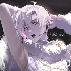Rule 34 | 1boy, aimitkkays, cross, cross earrings, cross pin, detached sleeves, earrings, feather boa, headset, highres, idolish7, jewelry, kujou tenn, looking at viewer, male focus, multiple earrings, open mouth, pale skin, pink eyes, pink hair, shirt, short hair, single detached sleeve, sleeveless, sleeveless shirt, solo, tongue, tongue out, white shirt