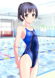 Rule 34 | 1girl, absurdres, arms behind back, black hair, blue one-piece swimsuit, blurry, blurry background, breasts, brown eyes, clothes writing, competition swimsuit, cowboy shot, highres, lane line, logo, looking at viewer, multicolored clothes, multicolored swimsuit, one-piece swimsuit, original, ponytail, pool, short hair, short ponytail, small breasts, smile, solo, standing, string of flags, swimsuit, takafumi