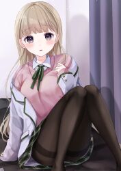 Rule 34 | 1girl, absurdres, black eyes, black pantyhose, blunt bangs, blush, breasts, brown hair, buntason (buritarooooo), cardigan, coat, collared shirt, commentary request, green ribbon, green skirt, highres, indoors, knees together feet apart, knees up, lapels, large breasts, long hair, looking at viewer, neck ribbon, off shoulder, on bed, open clothes, open coat, open mouth, original, pantyhose, pink cardigan, plaid, plaid skirt, pleated skirt, ribbon, school uniform, shirt, sitting, skirt, solo, thighband pantyhose, white coat, white shirt