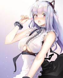Rule 34 | 1girl, anchor choker, apron, azur lane, black skirt, blue background, blush, bracelet, breasts, candy, cleavage, clothing cutout, commentary, cowboy shot, dido (azur lane), dress, english commentary, eyelashes, food, frilled dress, frills, gradient background, hairband, holding, holding candy, holding food, holding lollipop, jewelry, kana yukino, large breasts, lollipop, long hair, looking at viewer, maid, maid apron, open mouth, red eyes, silver hair, simple background, skirt, sleeveless, sleeveless dress, solo, underboob, underboob cutout, white dress