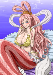 Rule 34 | 1girl, ass, blue eyes, breasts, female focus, highres, large breasts, long hair, mermaid, monster girl, nel-zel formula, one piece, open mouth, pink hair, shirahoshi, swimsuit