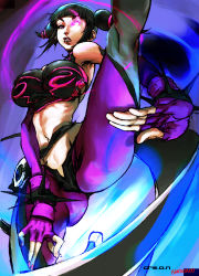 Rule 34 | 1girl, armpits, ass, barefoot, black hair, bracelet, breasts, capcom, collaboration, cre.o.n, creon, drill hair, fingerless gloves, from below, gloves, glowing, glowing eye, halterneck, han juri, huge breasts, jewelry, kicking, leg lift, lips, lipstick, makeup, midriff, nail polish, navel, pantyhose, purple eyes, short hair, short twintails, solo, spiked bracelet, spikes, steven mack, street fighter, street fighter iv (series), twin drills, twintails