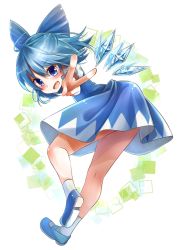 Rule 34 | &gt;:d, 1girl, :d, bent over, blue eyes, blue hair, bow, cirno, hair bow, hair ribbon, ice, ice wings, looking at viewer, mary janes, matching hair/eyes, open mouth, ribbon, shoes, short hair, smile, solo, touhou, uruha (yw1109), v, v-shaped eyebrows, wings