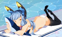 Rule 34 | 10s, 1girl, absurdres, arched back, ass, bikini, black thighhighs, blue hair, breasts, butt crack, headgear, highres, kantai collection, long hair, lying, murakumo (kancolle), on stomach, orange eyes, pool, shark, shunter, sidelocks, solo, swimsuit, the pose, thighhighs, towel, white bikini, white hair, yellow eyes