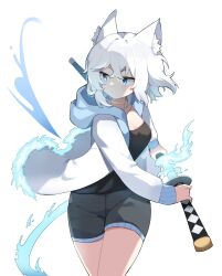Rule 34 | 1girl, animal ears, blue eyes, breasts, cat ears, highres, holding, holding sword, holding weapon, katana, original, simple background, solo, sword, tail, thighs, wang0424, weapon, white background, white hair