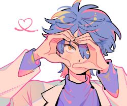 Rule 34 | 1boy, arms up, blue hair, colored lineart, dolman (dm), eyes visible through hair, hair over one eye, heart, heart hands, highres, honeyworks, jacket, lapels, layered sleeves, male focus, open clothes, open jacket, parted hair, portrait, purple sweater, short hair, simple background, solo, sweater, turtleneck, unkempt, white background, white jacket, yellow eyes