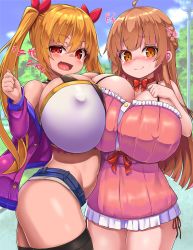 Rule 34 | 2girls, breasts, chiroshiron, cleavage, covered erect nipples, dress, highres, huge breasts, jacket, long hair, micro shorts, multiple girls, open clothes, open jacket, oppai loli, original, red eyes, ribbon, shorts, smile, twintails, very long hair, yellow eyes