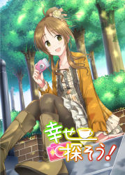 Rule 34 | 1girl, boots, camera, casual, female focus, idolmaster, jewelry, long hair, ment, necklace, open mouth, solo, stairs, tree
