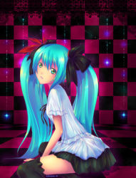 Rule 34 | 1girl, collaboration, green eyes, green hair, hatsune miku, kazuri (az 783), long hair, looking at viewer, lowres, matching hair/eyes, modern-swinger, skirt, solo, thighhighs, twintails, vocaloid, world is mine (vocaloid)