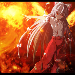 Rule 34 | 1girl, baggy pants, female focus, fire, fujiwara no mokou, lens flare, letterboxed, long hair, outstretched arm, pants, solo, suspenders, torn clothes, touhou, very long hair, zb (dawn-blue)