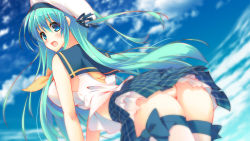 Rule 34 | 1girl, ass, blue eyes, blue hair, breasts, female focus, from behind, hat, highres, large breasts, leaning forward, long hair, looking back, matching hair/eyes, miniskirt, mutsuno hekisa, no panties, open mouth, original, outdoors, school uniform, skirt, sky, solo, standing, thighhighs, upskirt, very long hair