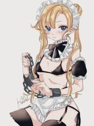 Rule 34 | 1girl, :t, abukuma (kancolle), alternate costume, apron, bad id, bad twitter id, bikini, black bikini, black thighhighs, blonde hair, blush, breasts, chain, cropped legs, cuffs, double bun, enmaided, garter straps, grey background, hair between eyes, hair bun, handcuffs, highres, kamisuiori, kantai collection, long hair, looking at viewer, maid, maid headdress, pout, signature, simple background, small breasts, solo, swimsuit, tears, thighhighs, twintails, waist apron, white apron