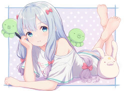 Rule 34 | 1girl, absurdres, ass, barefoot, blue eyes, blue panties, bow, butt crack, clothes writing, eromanga sensei, feet, hair bow, hand on own cheek, hand on own face, highres, izumi sagiri, leg up, legs, long hair, looking at viewer, low-tied long hair, lying, no pants, off shoulder, on stomach, panties, ribbon, shirt, short sleeves, soles, solo, stuffed toy, tansui san (tcjp4784), the pose, toes, underwear, white hair, white shirt
