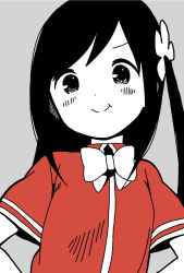 Rule 34 | 1girl, :t, black hair, blush, bow, bowtie, closed mouth, collared shirt, commentary request, dot nose, doyagao, flower, grey background, hair flower, hair ornament, hands on own hips, highres, hitori bocchi, hitoribocchi no marumaru seikatsu, katsuwo (cr66g), long hair, looking at viewer, partially colored, red shirt, school uniform, shirt, simple background, smug, solo