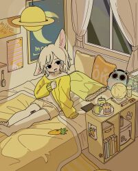 Rule 34 | 1girl, animal ears, bedroom, black eyes, blush, bookshelf, candle, clothes lift, condom, curtains, lifting own clothes, mike no hito, on bed, original, shorts, sitting, window