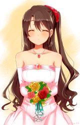 Rule 34 | 10s, 1girl, bad id, bad pixiv id, bare shoulders, bouquet, breasts, brown hair, closed eyes, collarbone, dress, earrings, elbow gloves, eyebrows, flower, gem, gloves, hair ornament, holding, holding bouquet, idolmaster, idolmaster cinderella girls, imminent kiss, incoming kiss, jewelry, long hair, medium breasts, necklace, pink dress, pink gloves, shimamura uzuki, side ponytail, solo, tarachine, twitter username, upper body, wedding dress