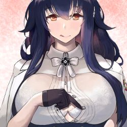 Rule 34 | 1girl, :q, azuma (azur lane), azur lane, black gloves, black hair, bra, bra peek, bra visible through clothes, breasts, brown eyes, cleavage, dress, gloves, hair between eyes, hair ornament, heart, heart-shaped pupils, highres, large breasts, long hair, looking at viewer, partially unbuttoned, see-through, smile, solo, symbol-shaped pupils, tongue, tongue out, underwear, user pyhk2433, wavy hair, white bra, white dress
