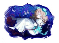 Rule 34 | 1girl, arm belt, bandaged foot, bandaged hand, bandages, blonde hair, blue background, blue bow, blue eyes, bow, crescent, curly hair, dress, full body, hair bow, highres, jia (zyesumire44315), long dress, long hair, looking at viewer, lorelei (reverse:1999), lying, no shoes, on back, reverse:1999, solo, two-tone background, white background, white dress, wide sleeves